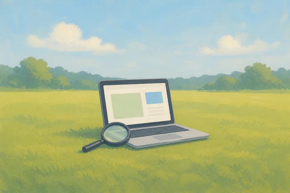 Illustration of a laptop and magnifying glass checking a website in a meadow