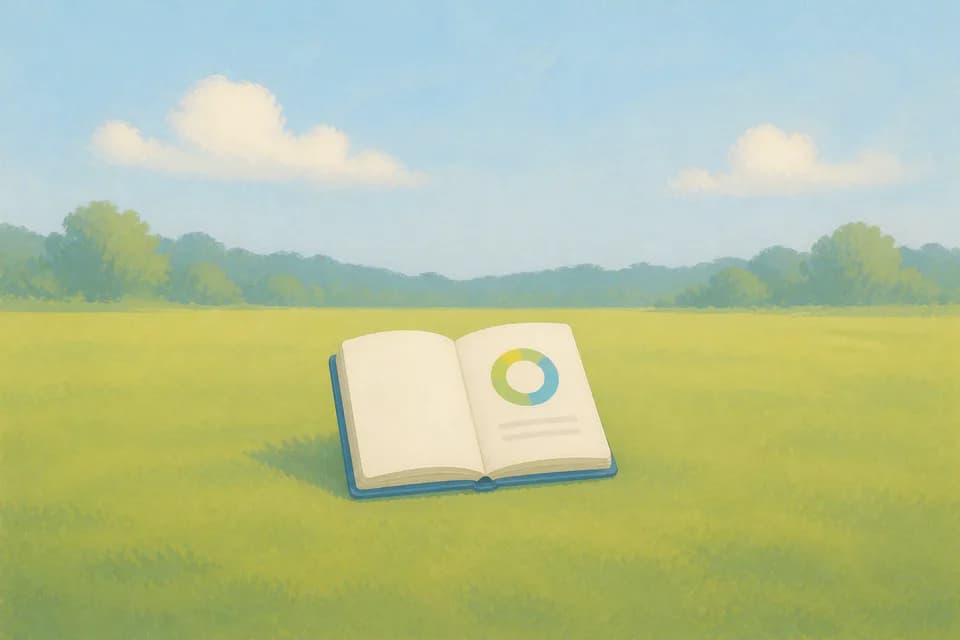 Illustration of an open review notebook with a score gauge and magnifying glass
