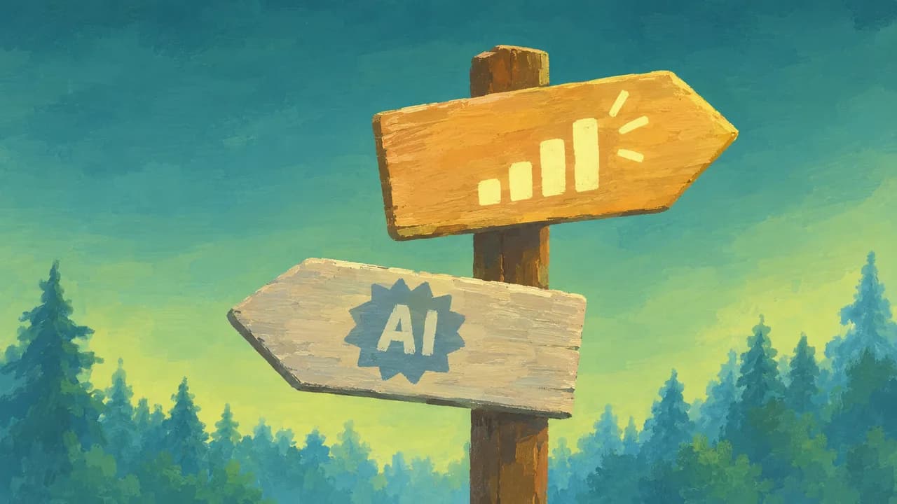 Painterly editorial illustration for “AI features: signal vs. sticker”.